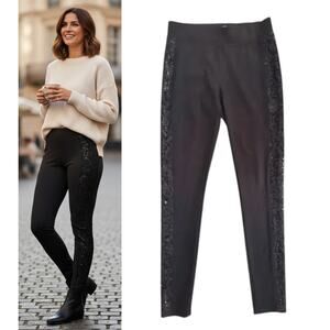 Vintage Cache Stretchy Dress Pants Women's Sz S Black Sequin Trim Elastic Waist
